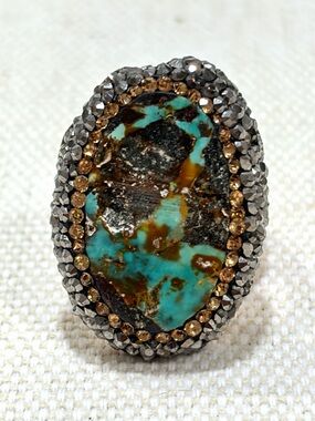 Oval Turquoise Statement Ring with Crystal Halo – Artisan Boho Luxury Jewelry